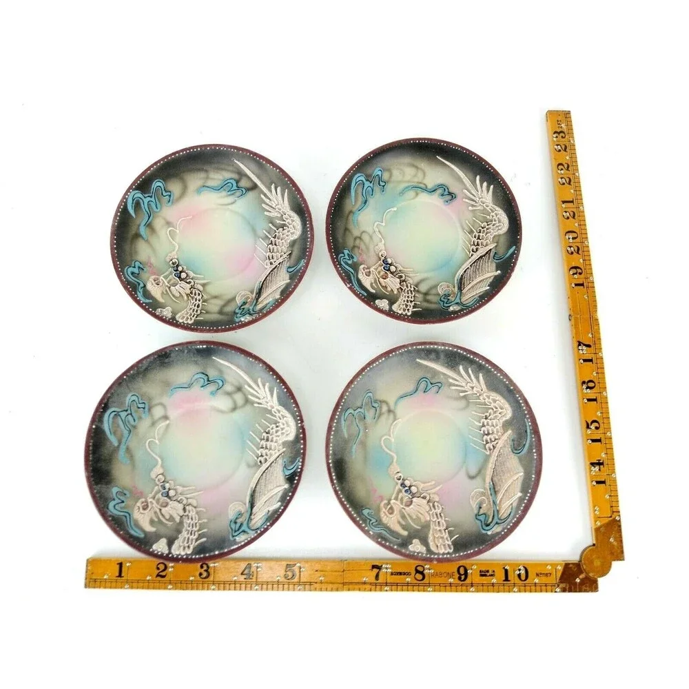 Vintage Japanese Moriage Shift Raised Dragon Set of Four Saucer Plates